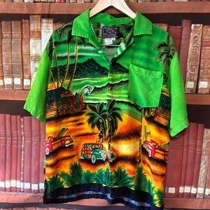 Basix Hawaiian Shirt green Surf boards and panel cars‎